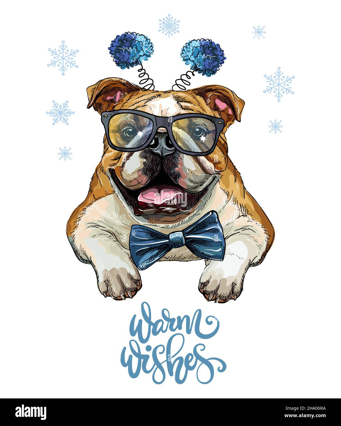 Greeting card. Funny bulldog dog portrait with a bow and glasses with ...
