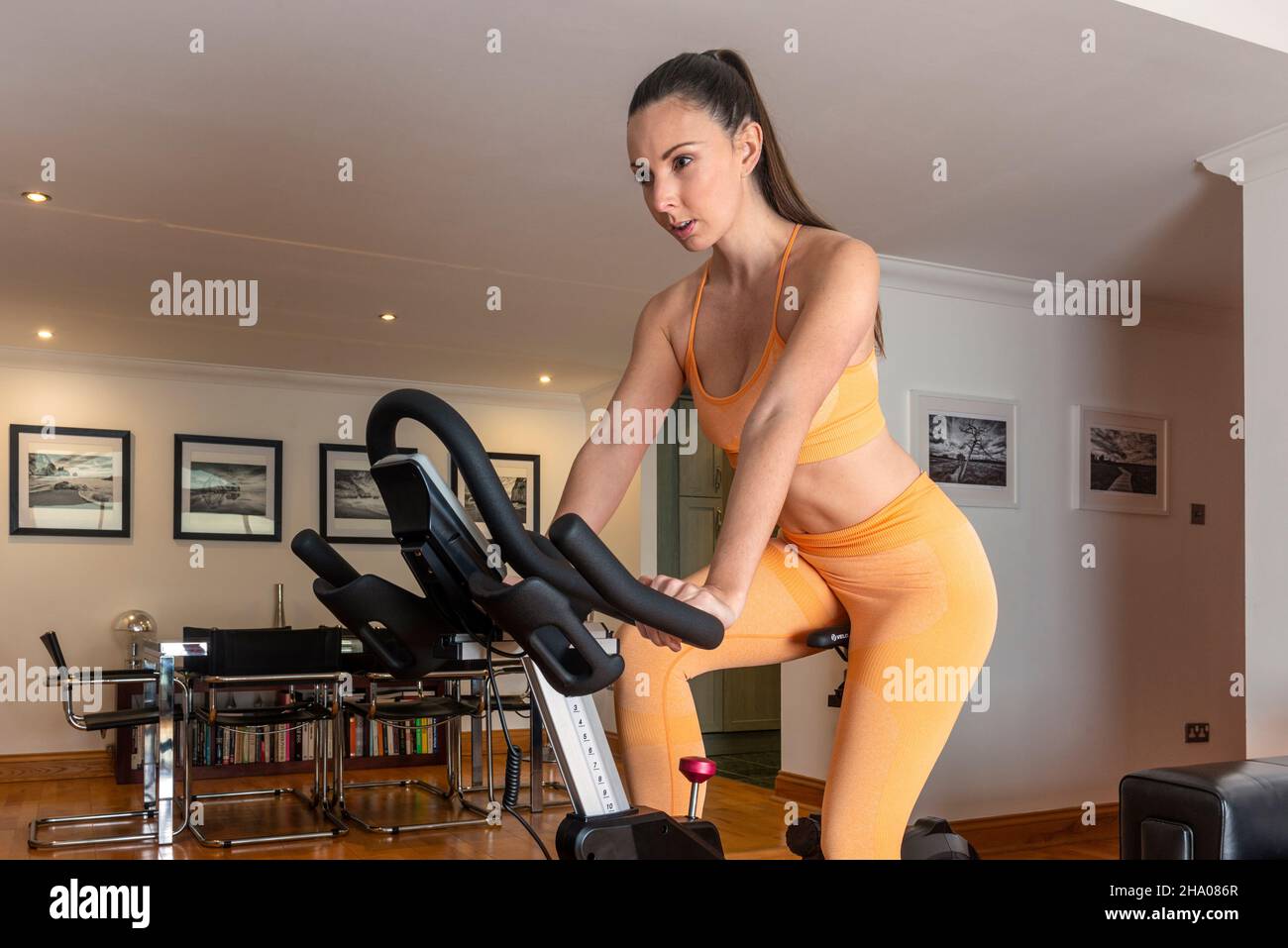 woman Exercising on Spin Bike in Home Stock Photo