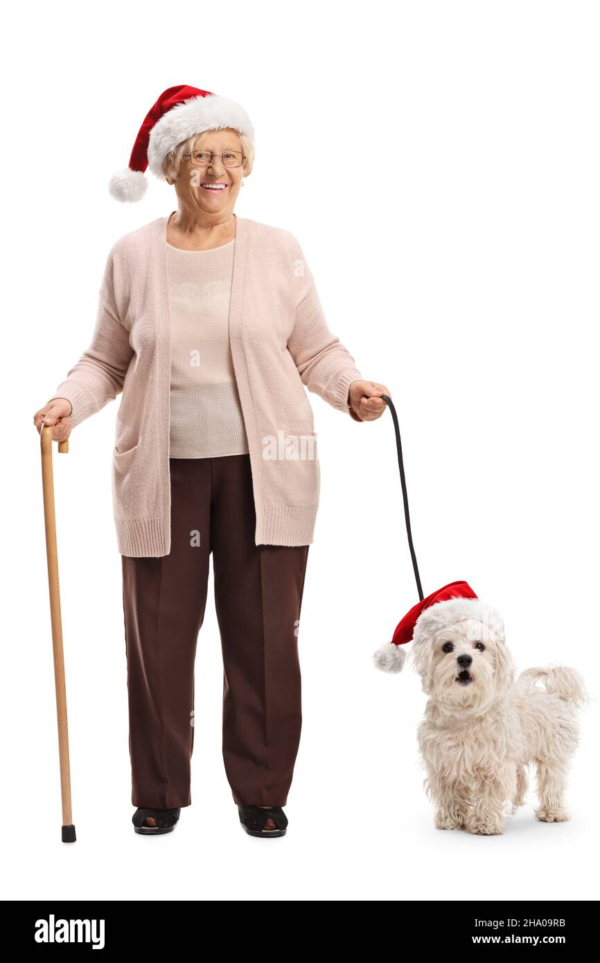 Full length portrait of an elderly woman wearing a santa claus hat and ...