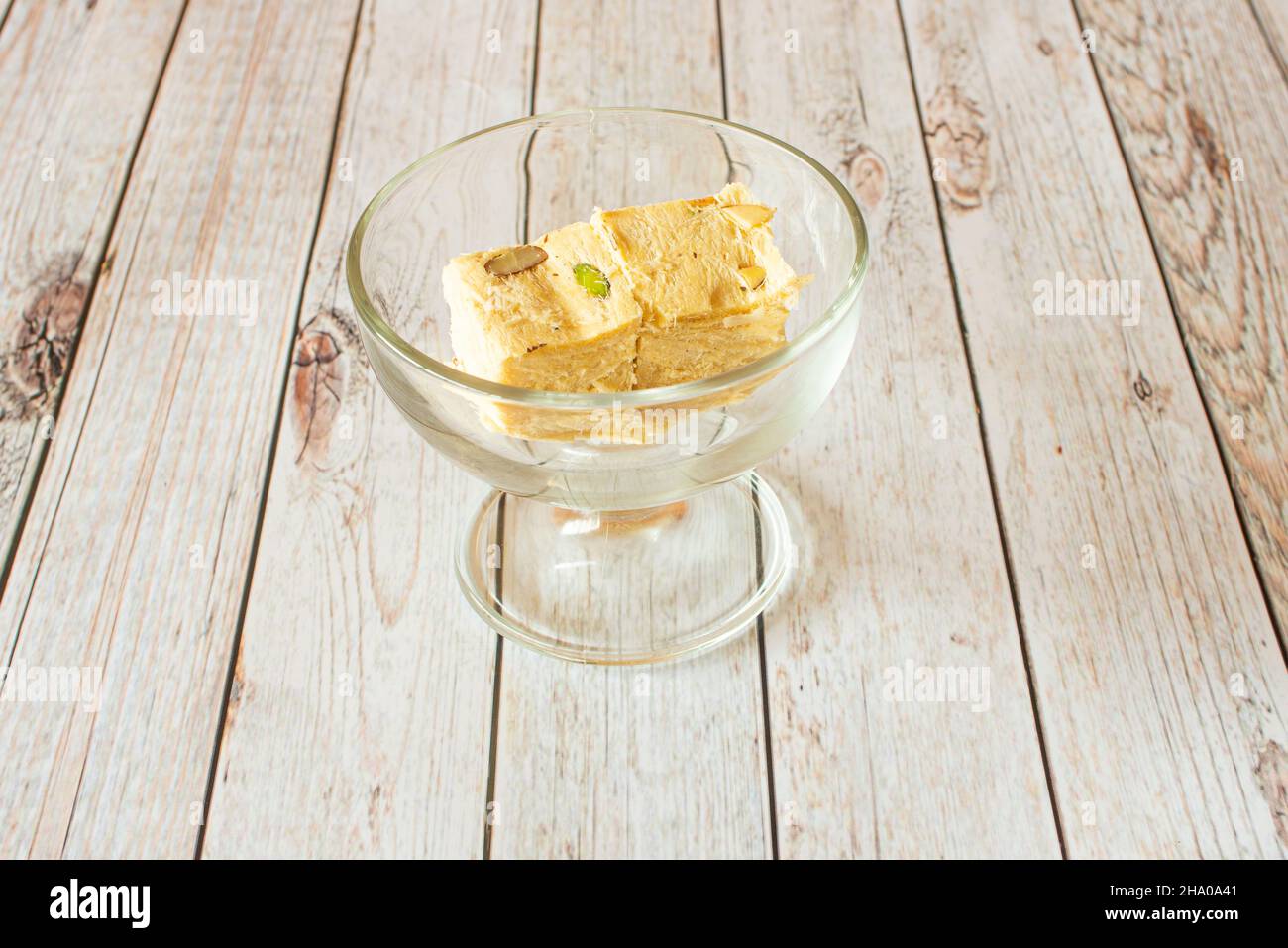 Soan papdi or patisa is a sweet from Southeast Asia that resembles nougat, but its flavor is very exotic, more similar to the flavors of Maghreb pastr Stock Photo