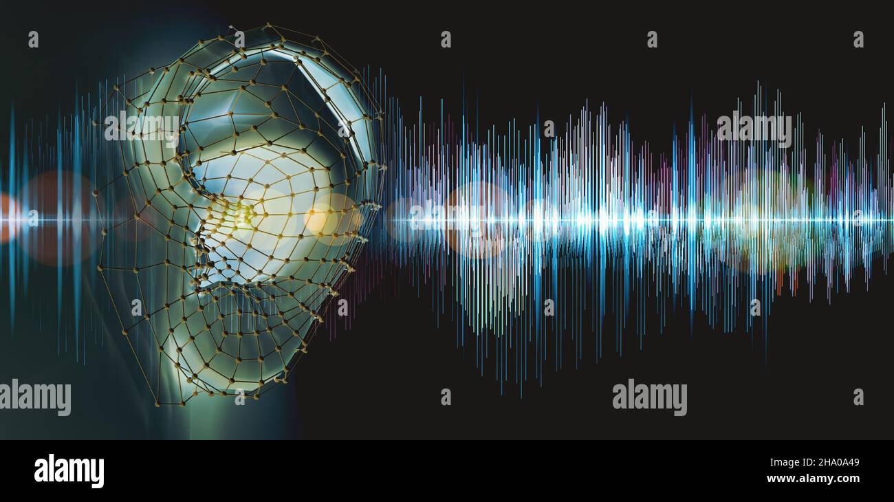 Hearing test showing ear and sound waves.Audio and sound equalizer digital computer concept.3d illustration Stock Photo