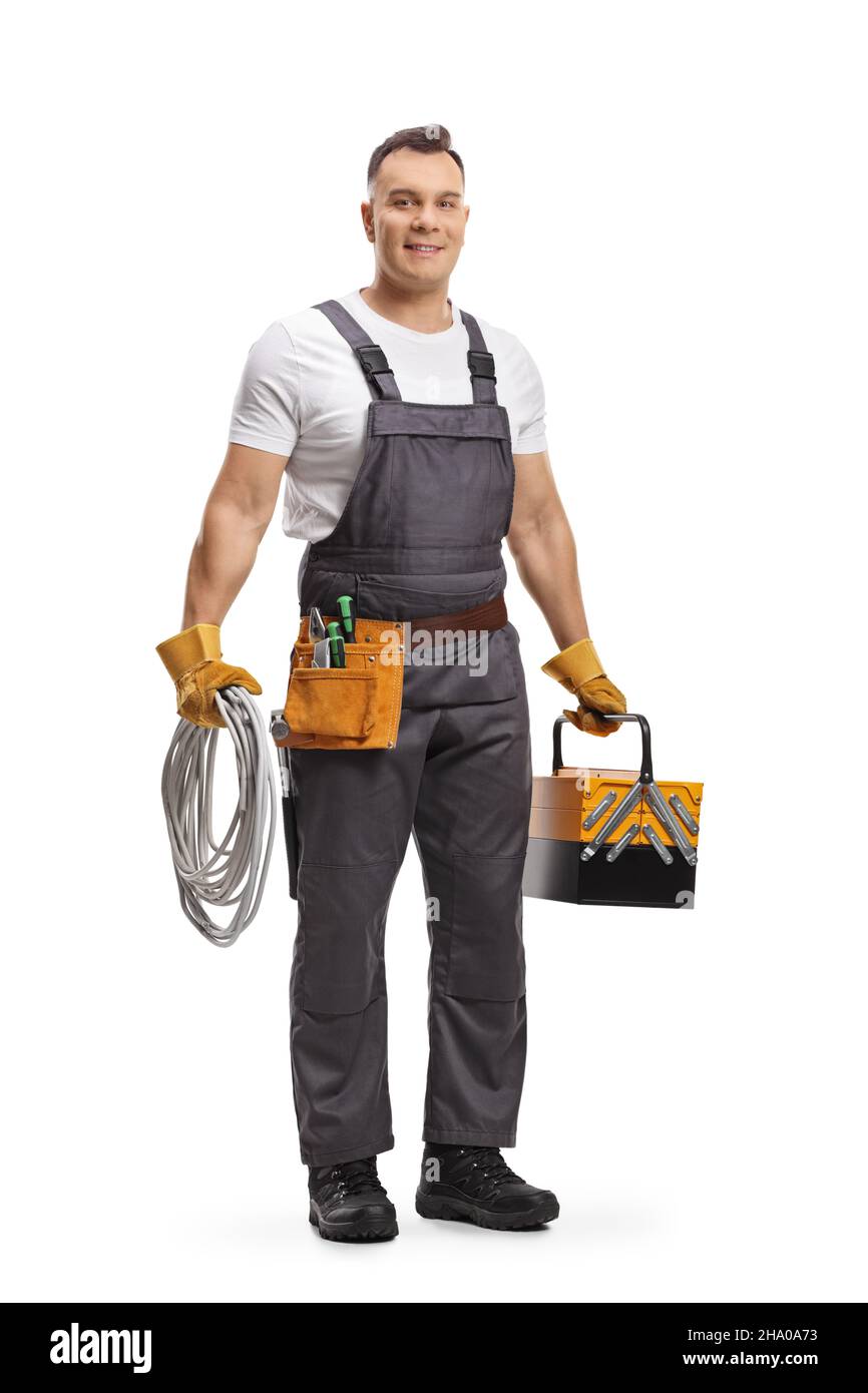 Full length portrait of an electrician holding cables and a tool box