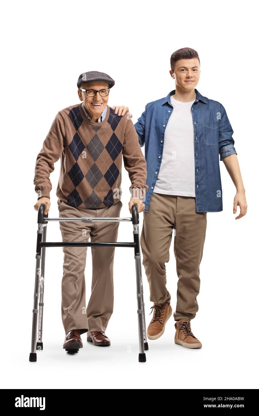 Guy helping an elderly man with a walker isolated on white background ...