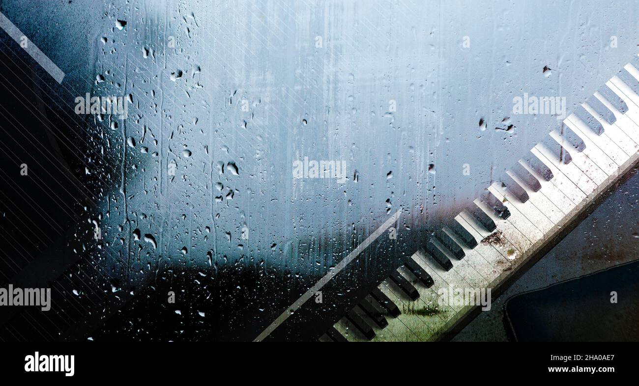 piano behind the window with water drops on a rainy  music for  travel road. Piano music concept abstract background. 3d illustration Stock  Photo - Alamy