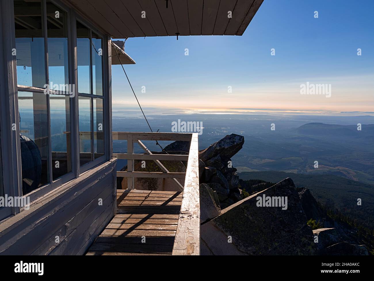 View from Mount Pilchuck Lookout spanning west over the Salish Sea and the Strait of Juan de Fuca. Stock Photo