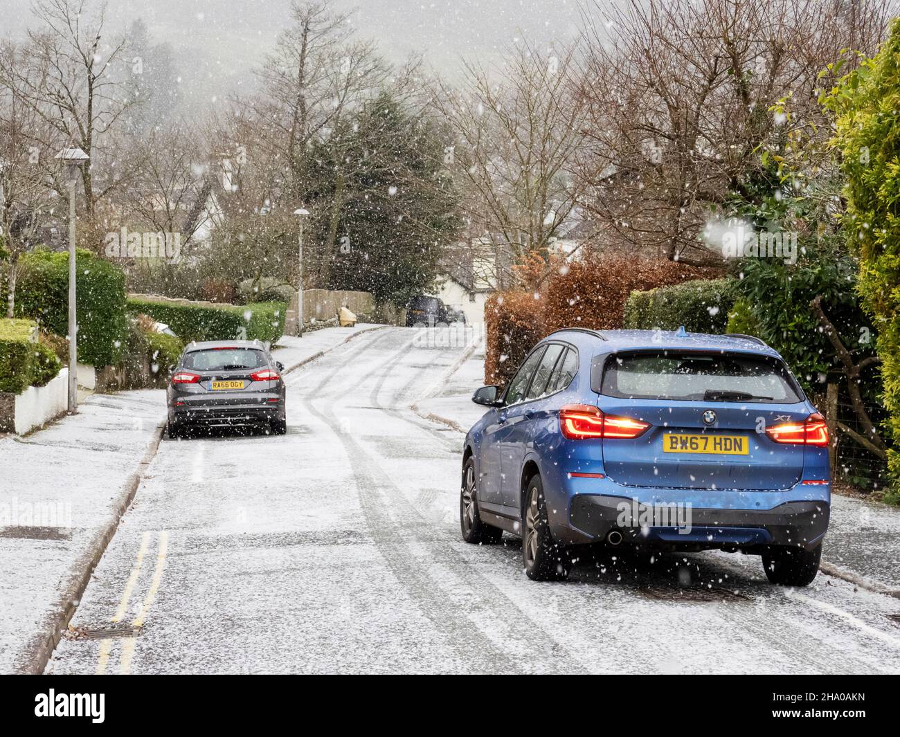 Snow falling on Fisherbeck Park in ambleside, Lake District, UK Stock