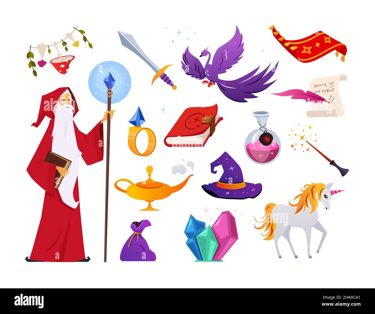 Magic and sorcery - modern flat design style object set. Neat detailed image of old gray-haired sorcerer with a big beard and many enchanted items. Ma Stock Vector