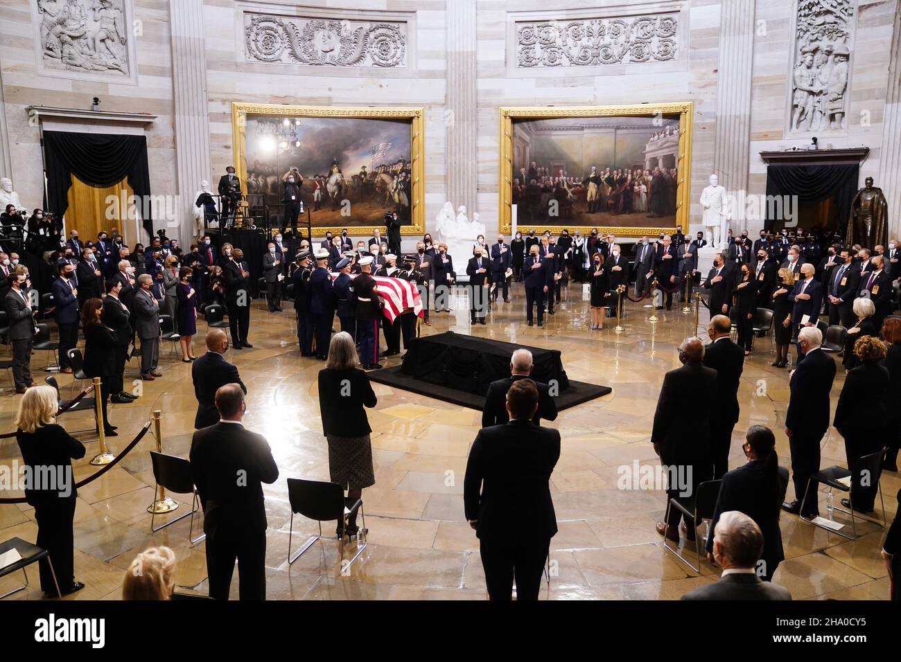 The casket of former Republican Senator from Kansas Robert J. Dole arrives during a ceremony preceding the lying in state in the Rotunda of the US Capitol in Washington, DC, USA, 09 December 2021. Bob Dole will lie in state at the Capitol today and will be honored with a memorial service at the National Cathedral tomorrow. Dole, a WWII veteran, died at the age of 98 on 05 December 2021.Credit: Shawn Thew/Pool via CNP /MediaPunch Stock Photo