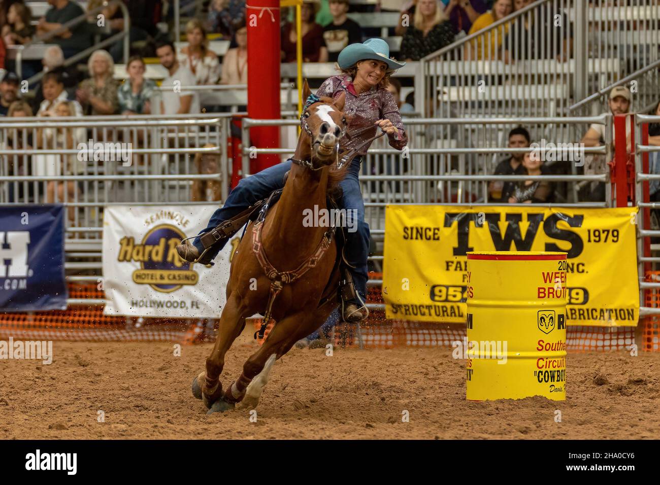 Barrel Racing seen on Southeastern Circuit Finals Rodeo during the event. Stock Photo