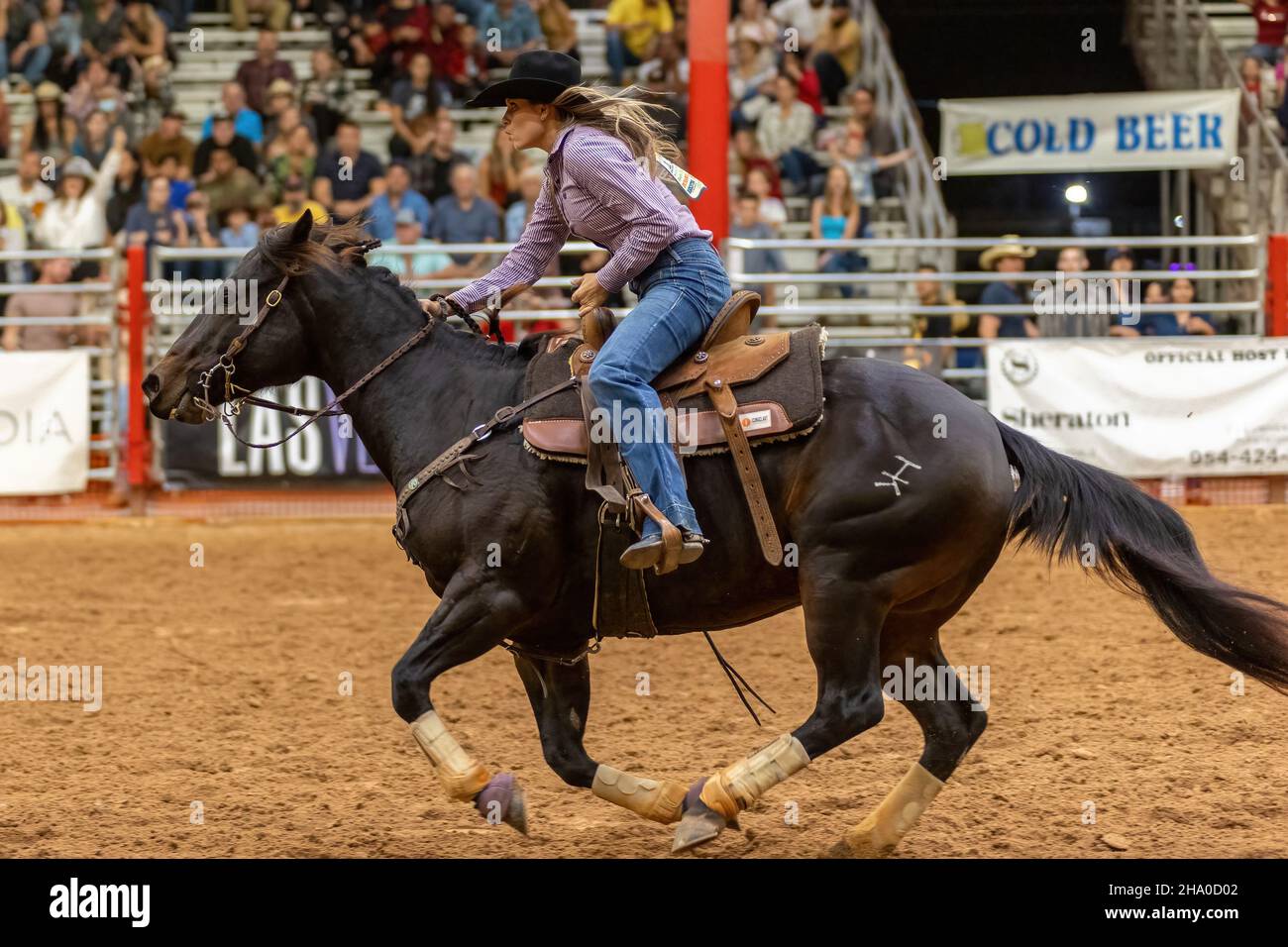 Barrel Racing seen on Southeastern Circuit Finals Rodeo during the event. Stock Photo