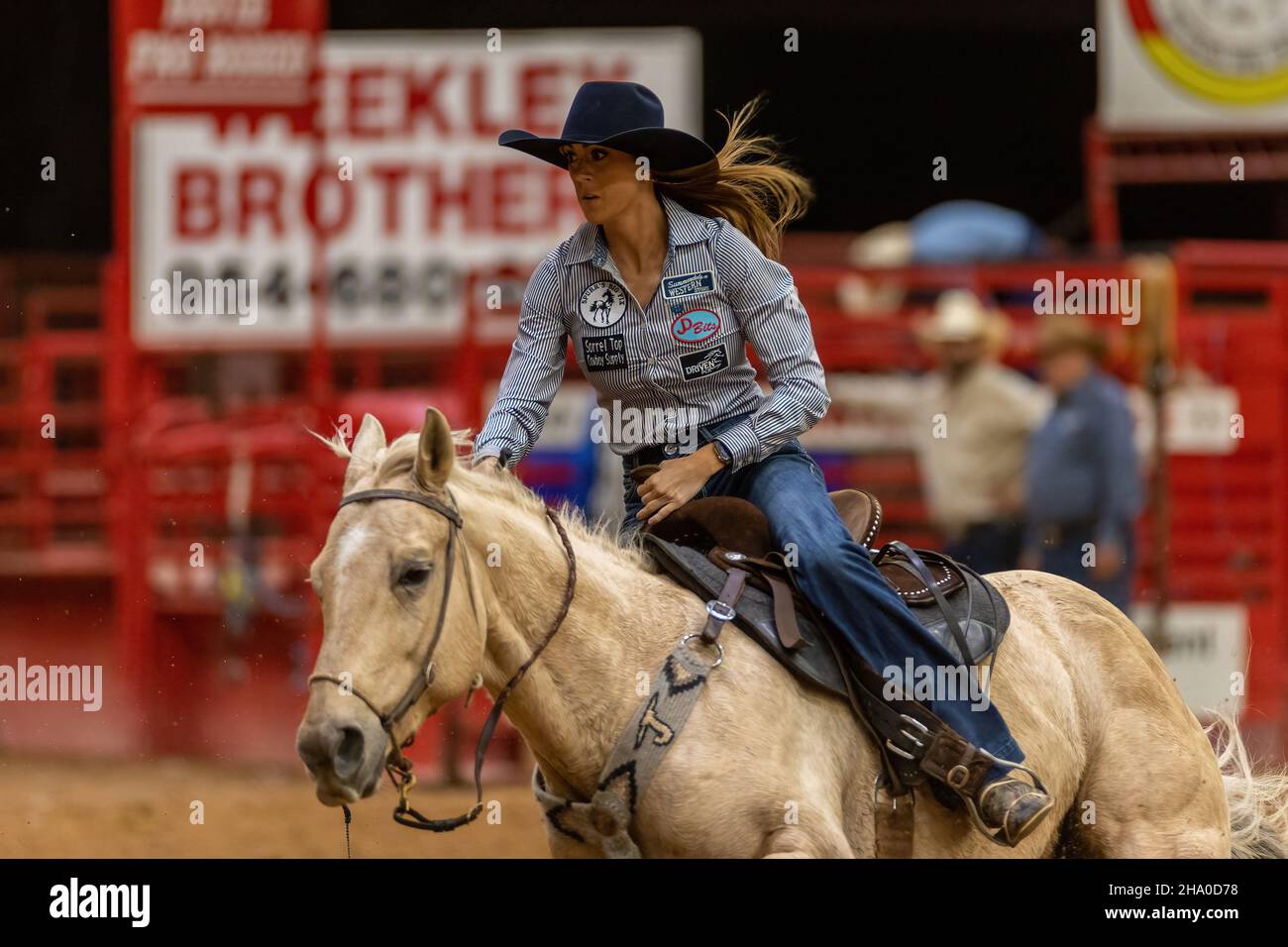 Barrel Racing seen on Southeastern Circuit Finals Rodeo during the event. Stock Photo