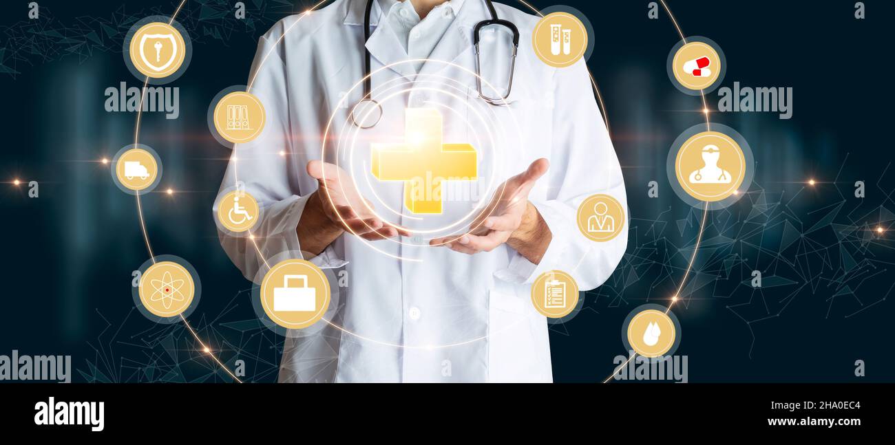 Doctor holding plus icon virtual as a concept of health, medical insurance and personal status. Mixed media. Medical future technology and innovative Stock Photo