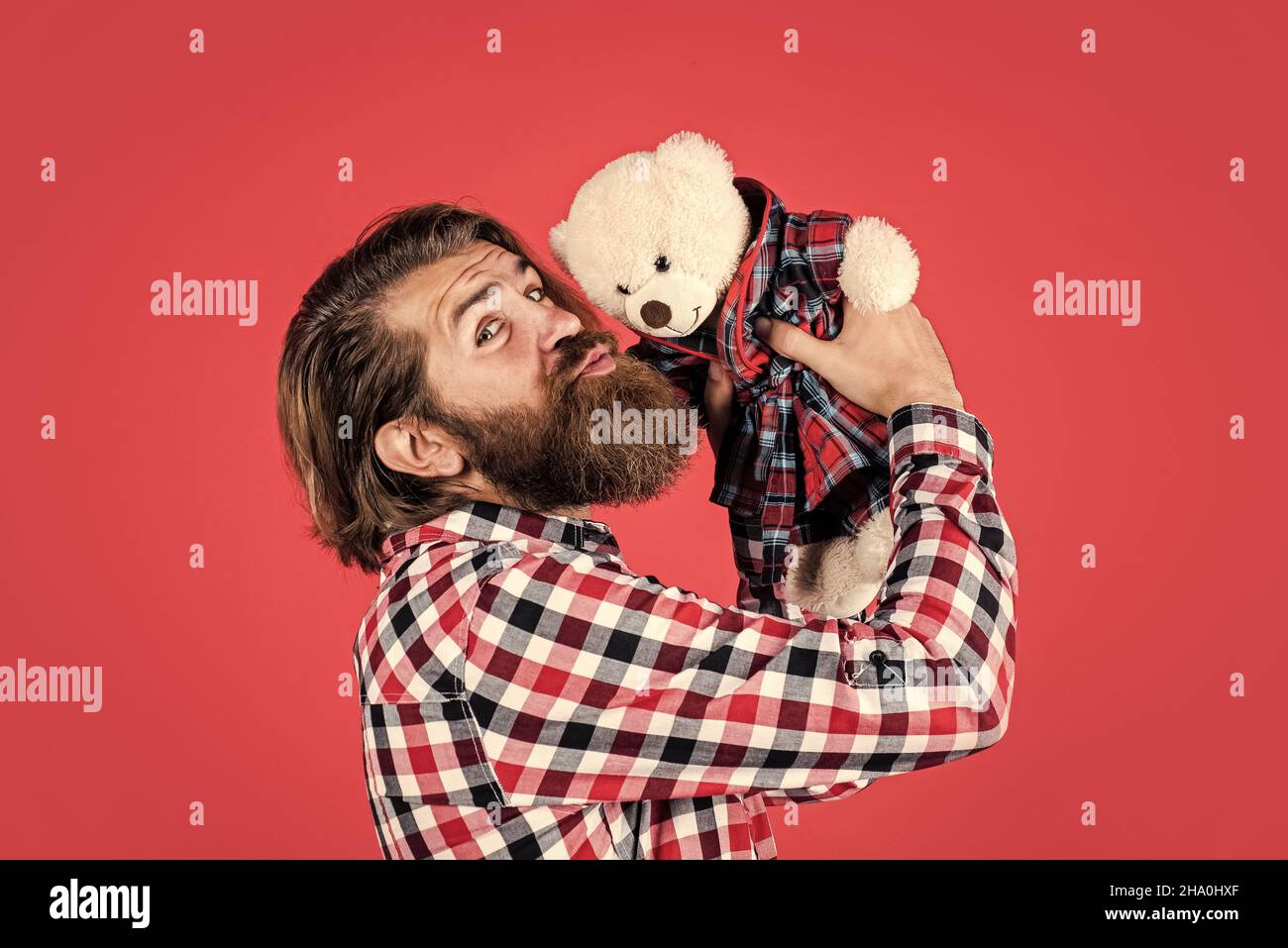 brutal bearded man wear checkered shirt having lush beard and moustache kiss teddy bear toy, love Stock Photo