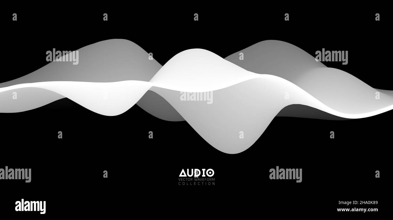Sound wave visualiztion. 3D black and white solid waveform. Voice sample pattern. Stock Vector