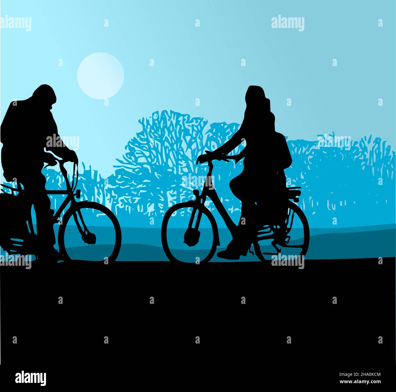 silhouette of two cyclists in opposite directions through a moonlit landscape with blue colors Stock Vector