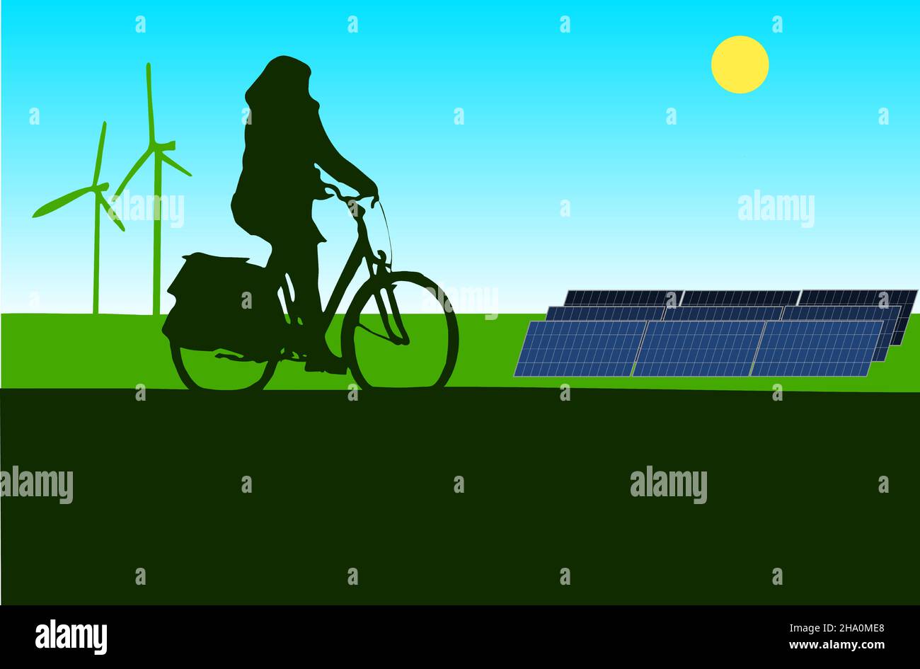 silhouette of a woman on a bicycle through a landscape with solar panels and windmills Stock Vector