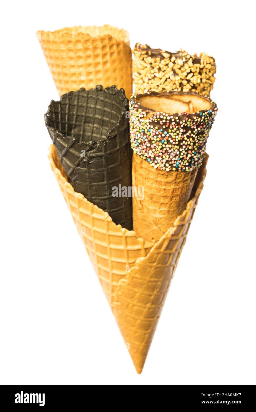 Ice cream cones, blank, ice, crunchy, waffle, chocolate, white background, bag, several, scoop, cone, sweet, icecream, ice cream, many, black, sugar p Stock Photo