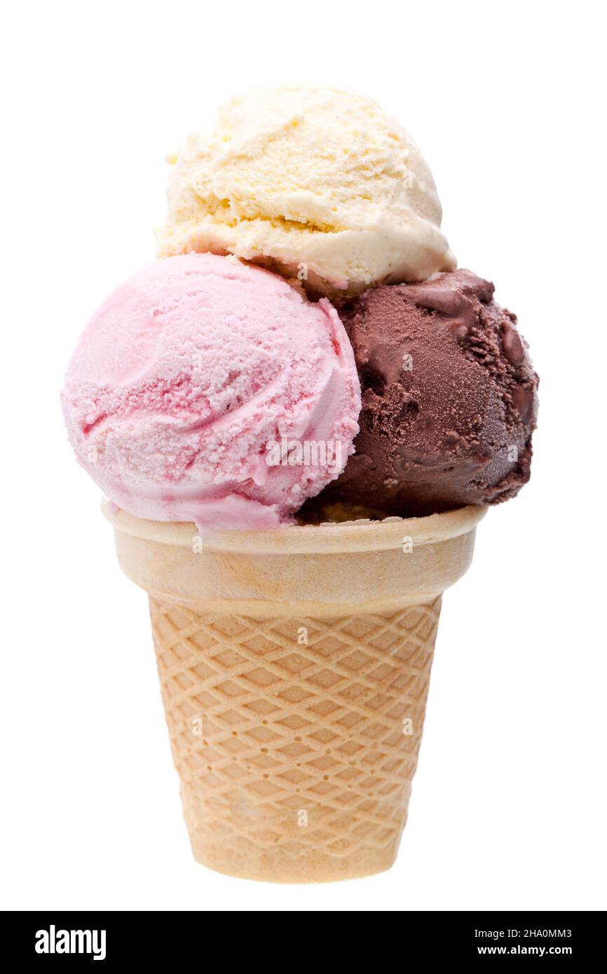 ice cream cone, ice balls, real, three, food, white, ice cream cones, background, red, ball, true, 3, ice cream, colorful, yellow, creamy, multiple, w Stock Photo