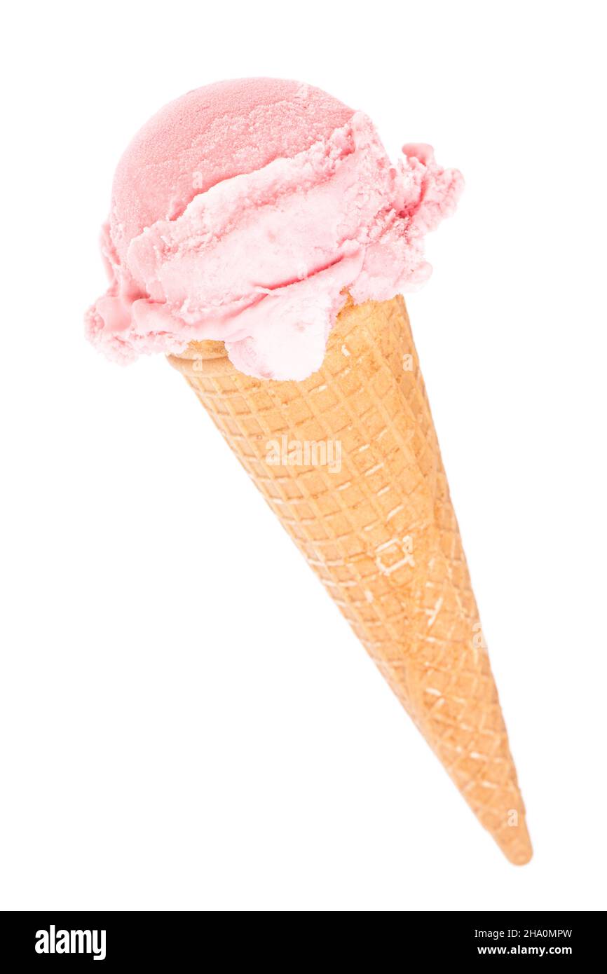 Ice, red, strawberry ice cream, ice cream cone, ice cream cones, food, white, background, ball, real, with, a, Ice Cream, variety, sherbet, fruity, me Stock Photo