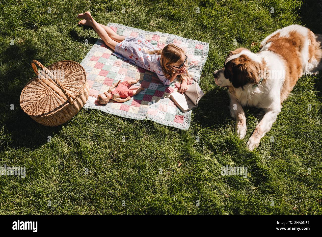 Dog and little girl lay on blanket in grass with basket and doll Stock