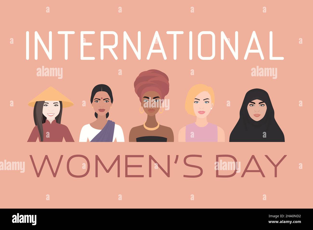 International Womens Day Banner. Vector Background with Different Nationalities and Races Women in Flat style - Solidarity People and Women s Rights Stock Vector