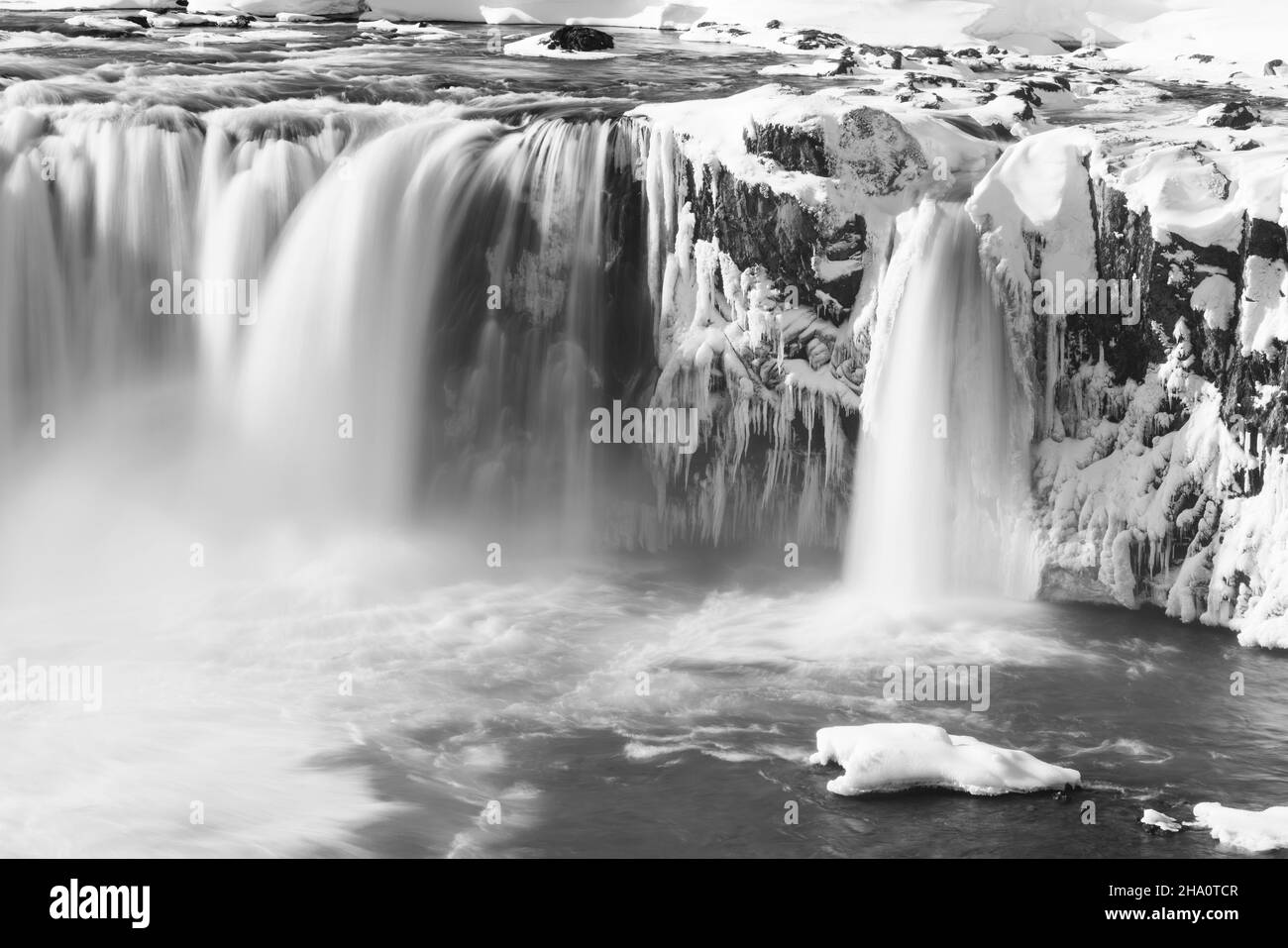 frozen waterfall from aerial view named Godafoss Stock Photo