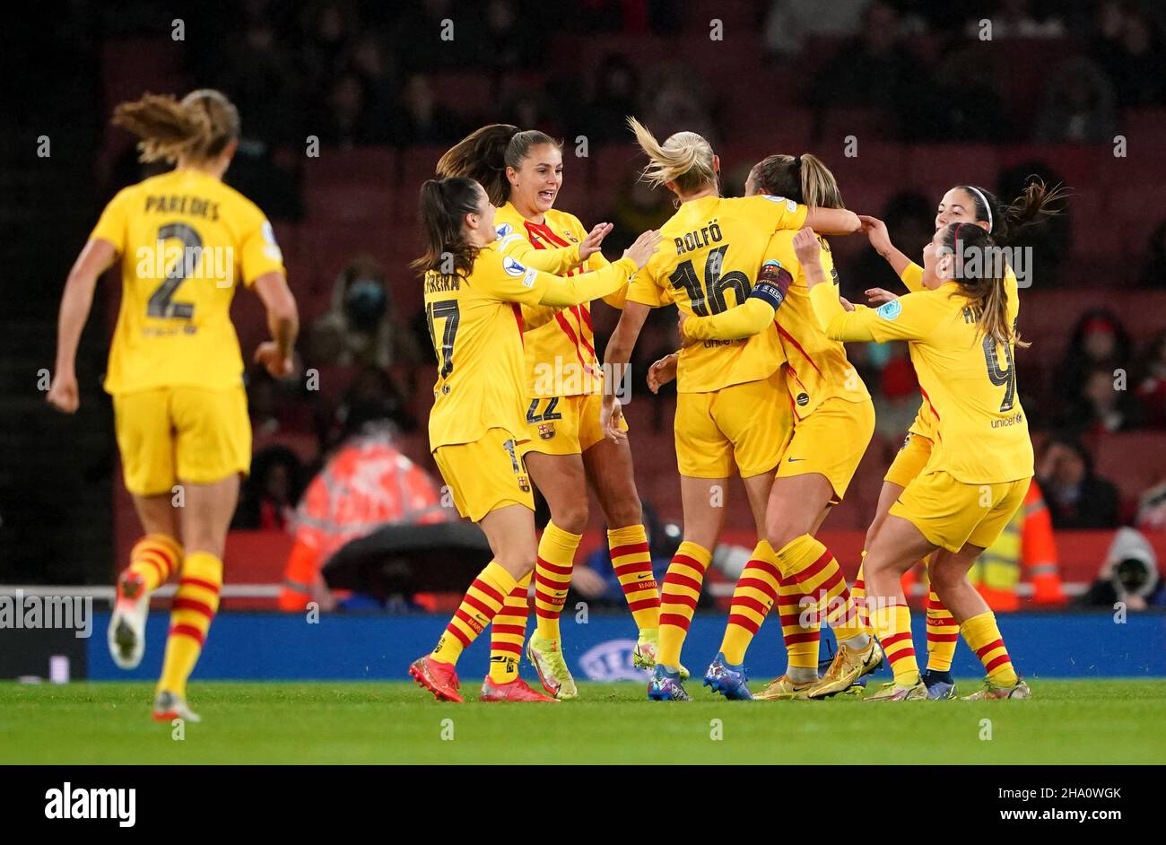 Barcelona's Fridolina Rolfo celebrates scoring their side's third goal of the game during the UEFA Women's Champions League, Group C match at Emirates Stadium, London. Picture date: Thursday December 9, 2021. Stock Photo