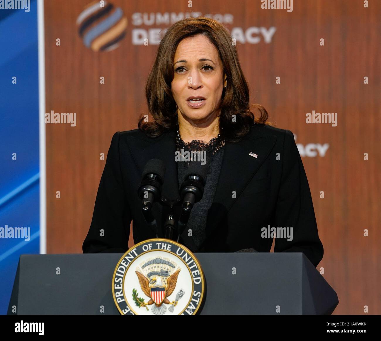 Washington, DC, United States. 09th Dec, 2021. Vice President Kamala Harris delivers remarks at the virtual ‘Summit for Democracy' at the South Court Auditorium on the White House campus in Washington, DC on December 9, 2021. The summit with government and private sector leaders is aimed at combating correction and authoritarianism and promoting human rights. Photo by Jemal Countess/UPI Credit: UPI/Alamy Live News Stock Photo