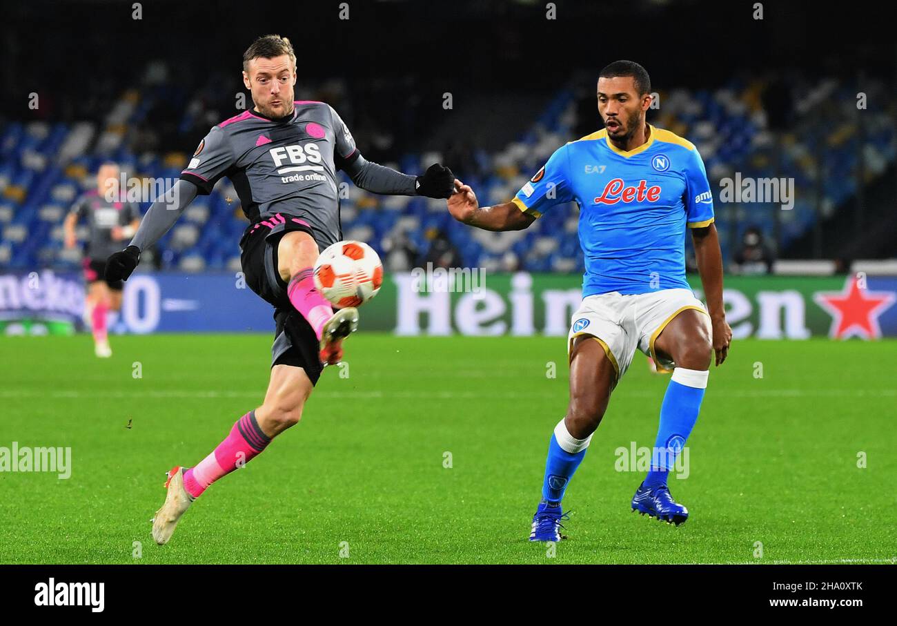Leicester City's Jamie Vardy (left) and Napoli's Nunes Juan Jesus battle for the ball during the UEFA Europa League, Group C match at Stadio Diego Armando Maradona, Naples. Picture date: Thursday December 9, 2021. Stock Photo