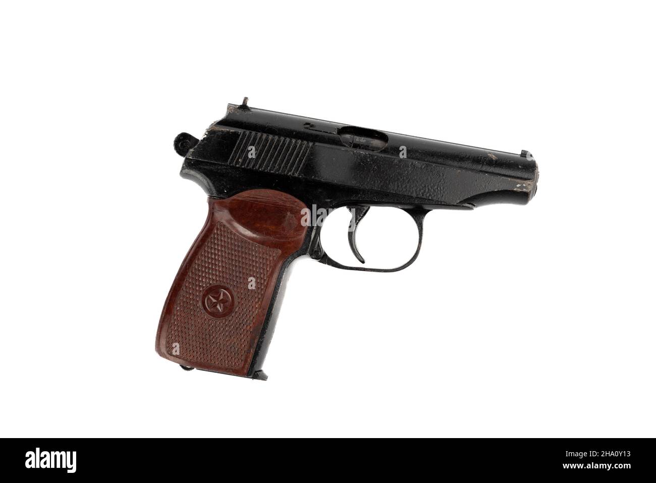 Used makarov pistol isolated on white background. The main weapon of the Soviet militia and the Russian police. Stock Photo