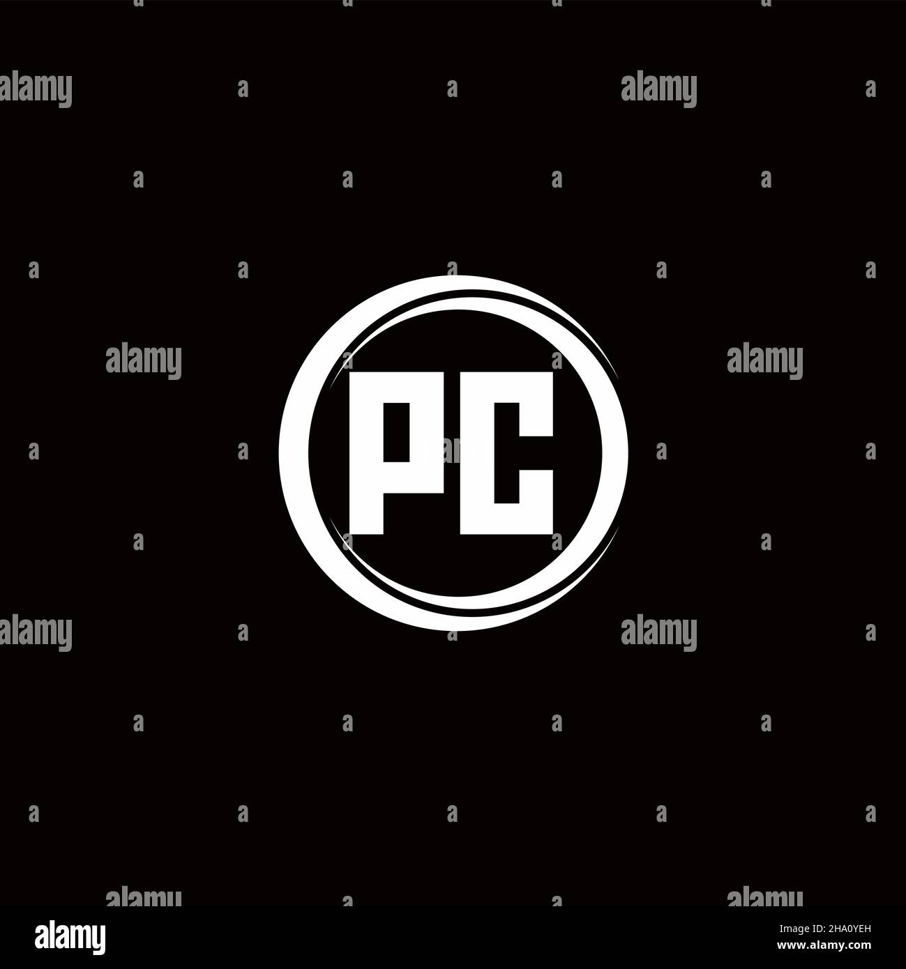 PC logo initial letter monogram with circle slice rounded design template isolated in black background Stock Vector
