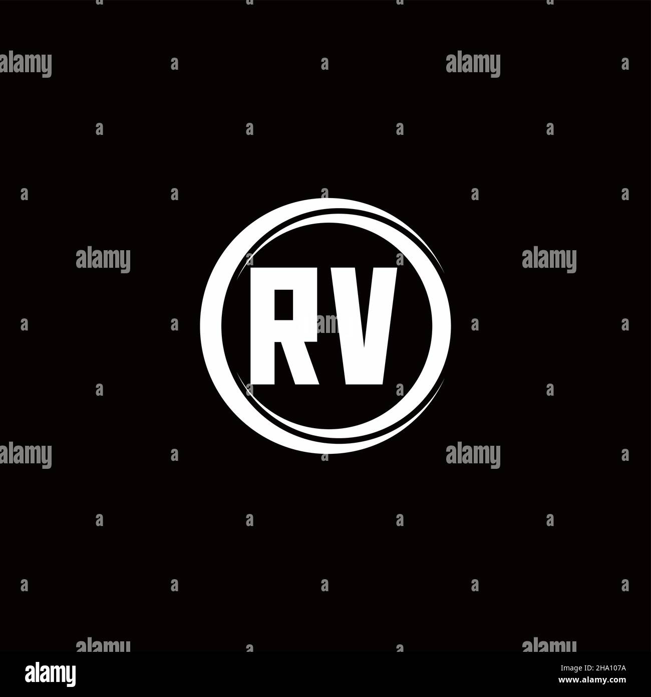 RV logo initial letter monogram with circle slice rounded design template isolated in black background Stock Vector