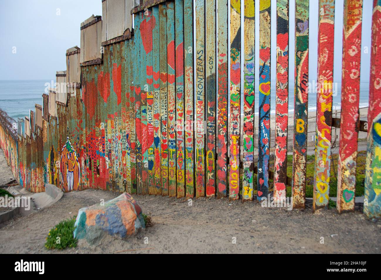 A section of The Wall that separates the United States from Mexico. The view/angle is from the Mexican side of The Wall. Stock Photo