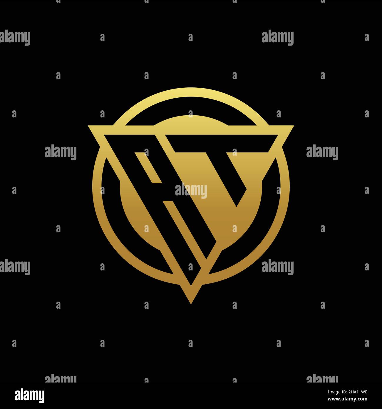 AT logo monogram with triangle shape and circle rounded style isolated on gold colors and black background design template Stock Vector