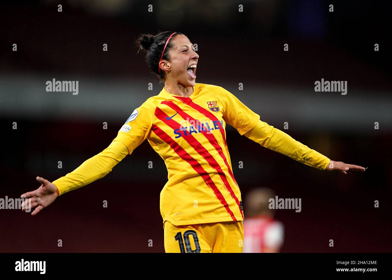 Barcelona's Jenifer Hermoso celebrates scoring their side's fourth goal of the game during the UEFA Women's Champions League, Group C match at Emirates Stadium, London. Picture date: Thursday December 9, 2021. Stock Photo