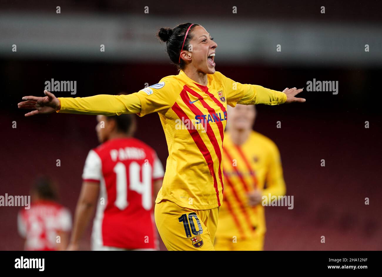 Barcelona's Jenifer Hermoso celebrates scoring their side's fourth goal of the game during the UEFA Women's Champions League, Group C match at Emirates Stadium, London. Picture date: Thursday December 9, 2021. Stock Photo