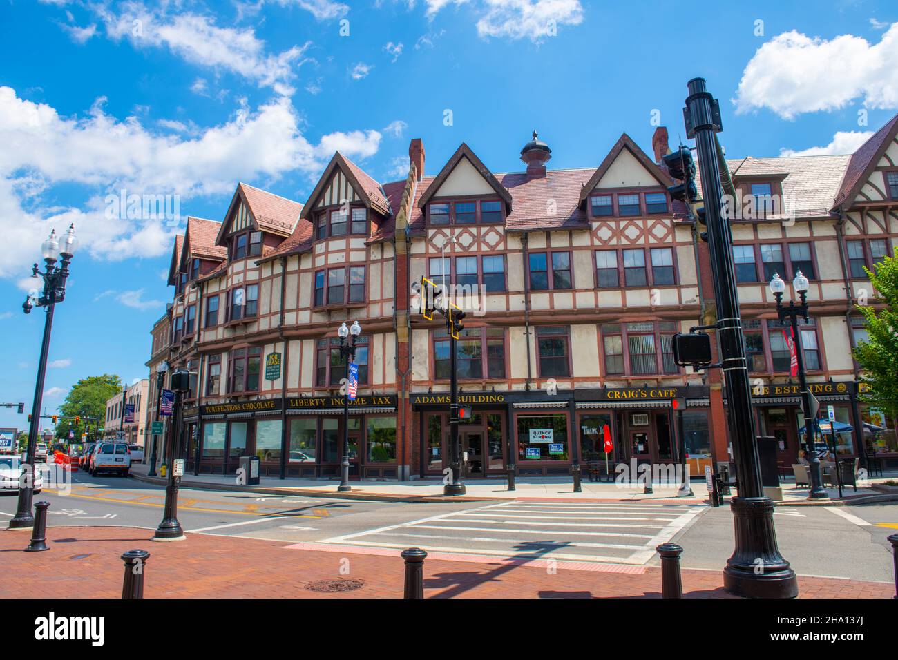 Adams Building, built in 1880, is a historical commercial building with Tudor Revival style at 1354 Hancock Street in Quincy city center, Massachusett Stock Photo