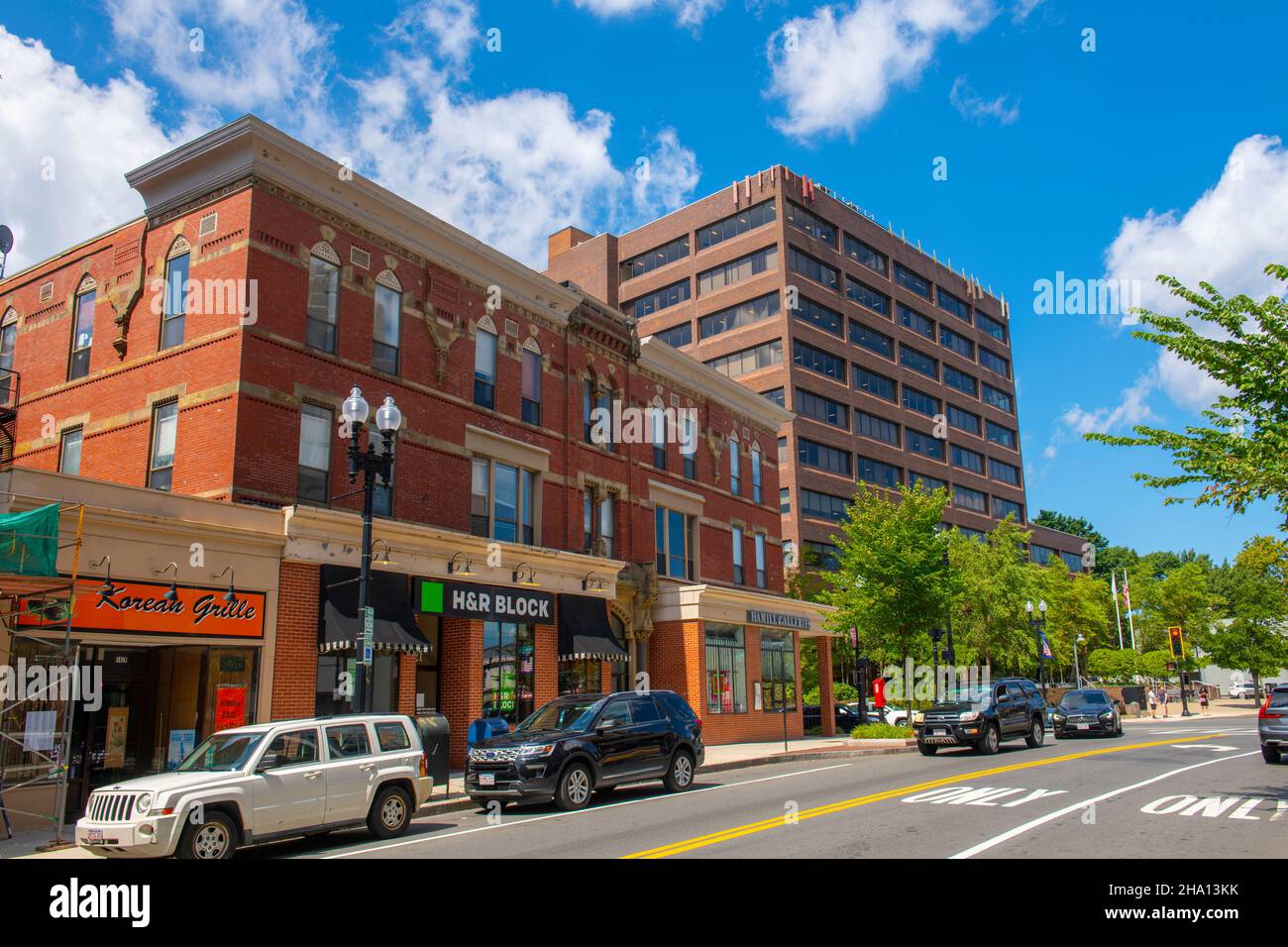 Historic commercial buildings at 1421 Hancock Street in Quincy