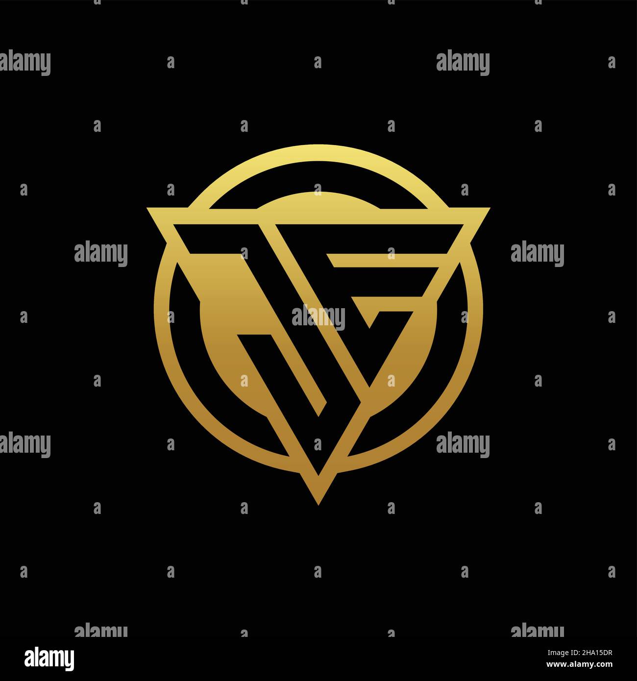 JE logo monogram with triangle shape and circle rounded style isolated on gold colors and black background design template Stock Vector