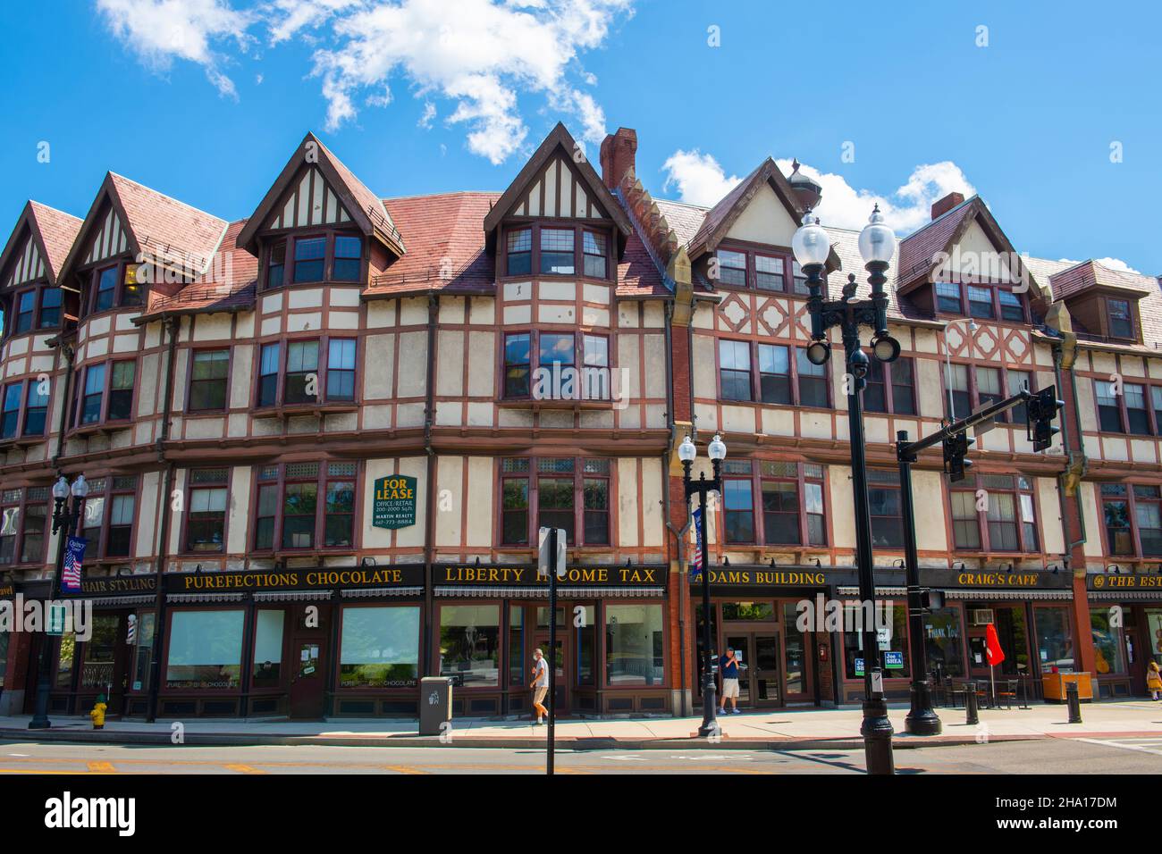Adams Building, built in 1880, is a historical commercial building with Tudor Revival style at 1354 Hancock Street in Quincy city center, Massachusett Stock Photo