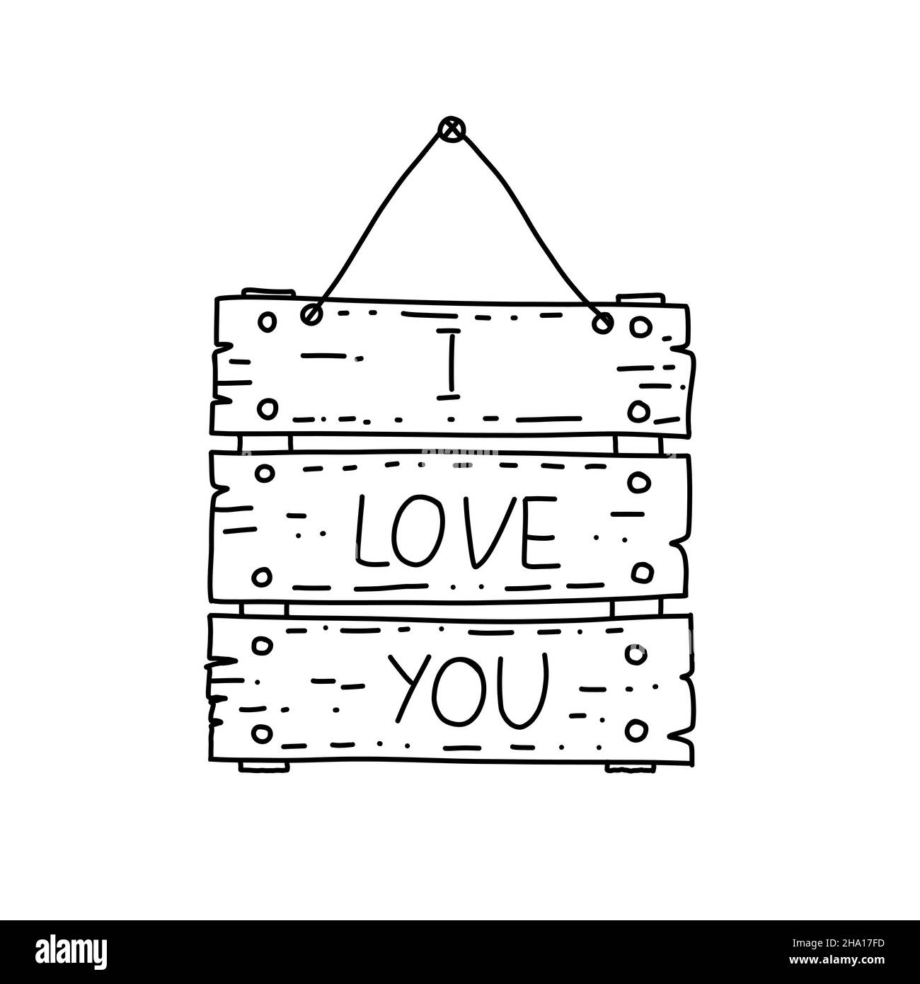 Wooden board sketch in doodle style. I love you message on wooden board
