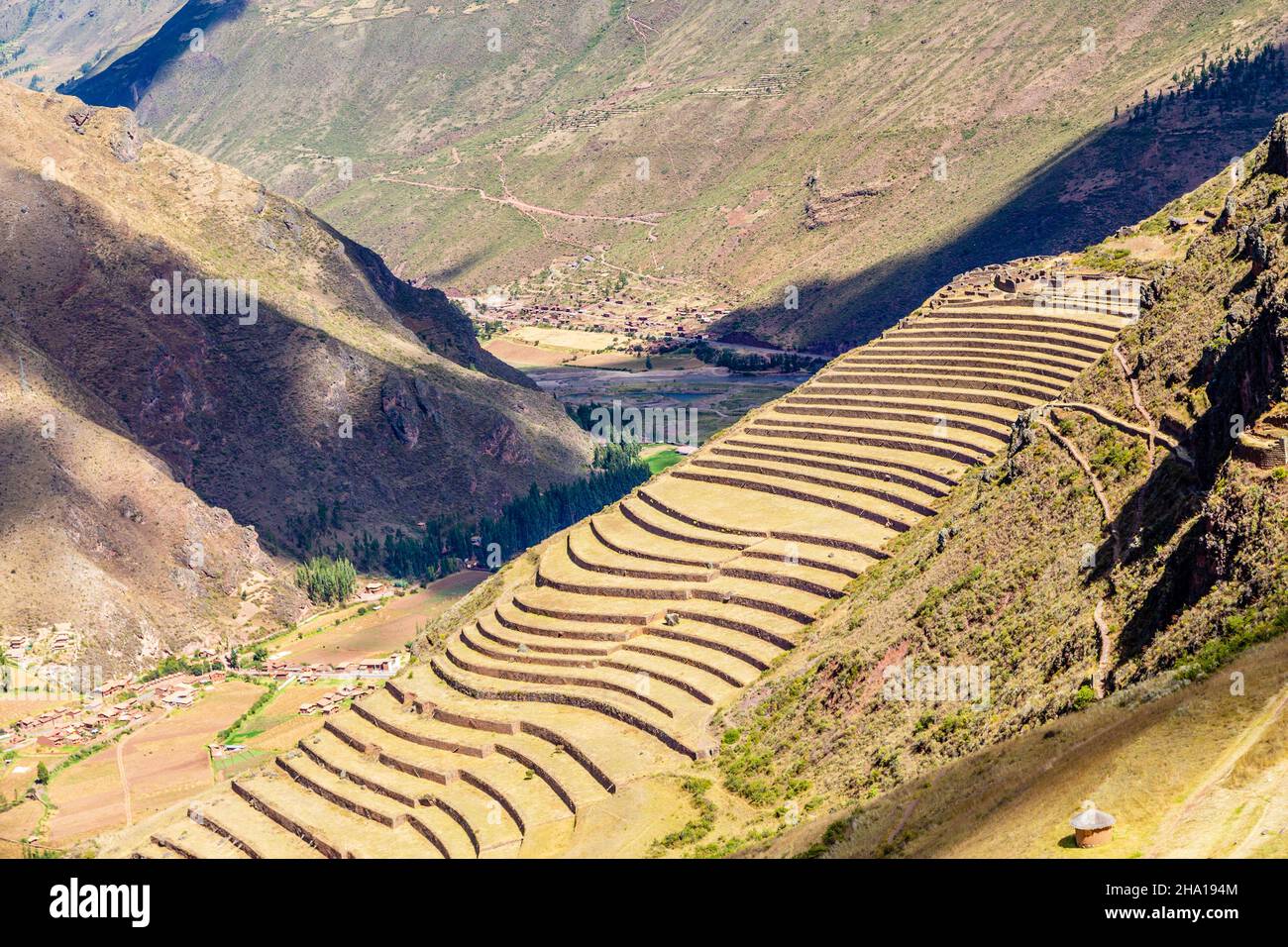 Ancient Incan farm terraces on the mountain slope, Pisac, Peru Stock Photo