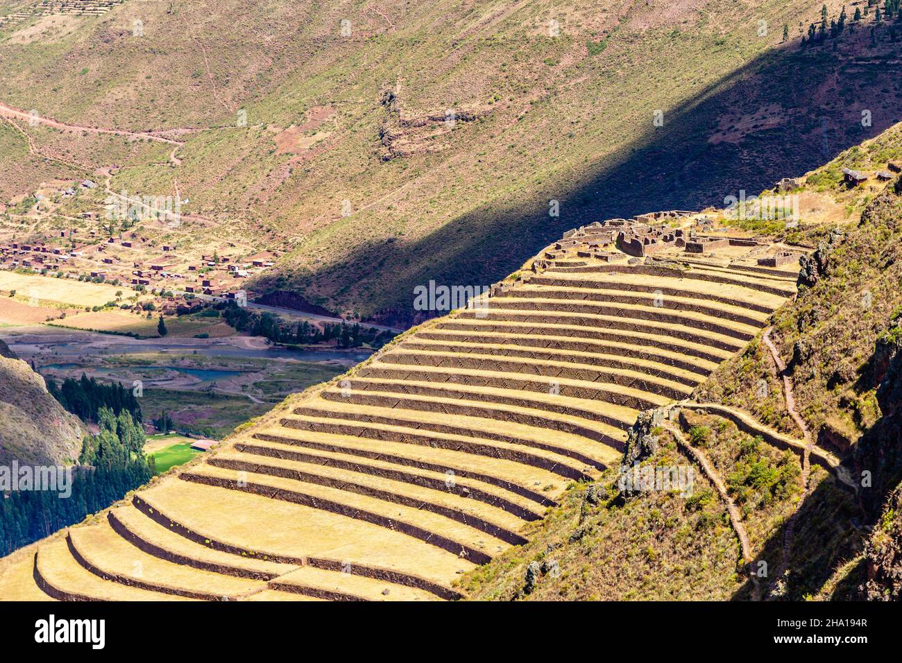 Ancient Incan farm terraces on the mountain slope, Pisac, Peru Stock Photo