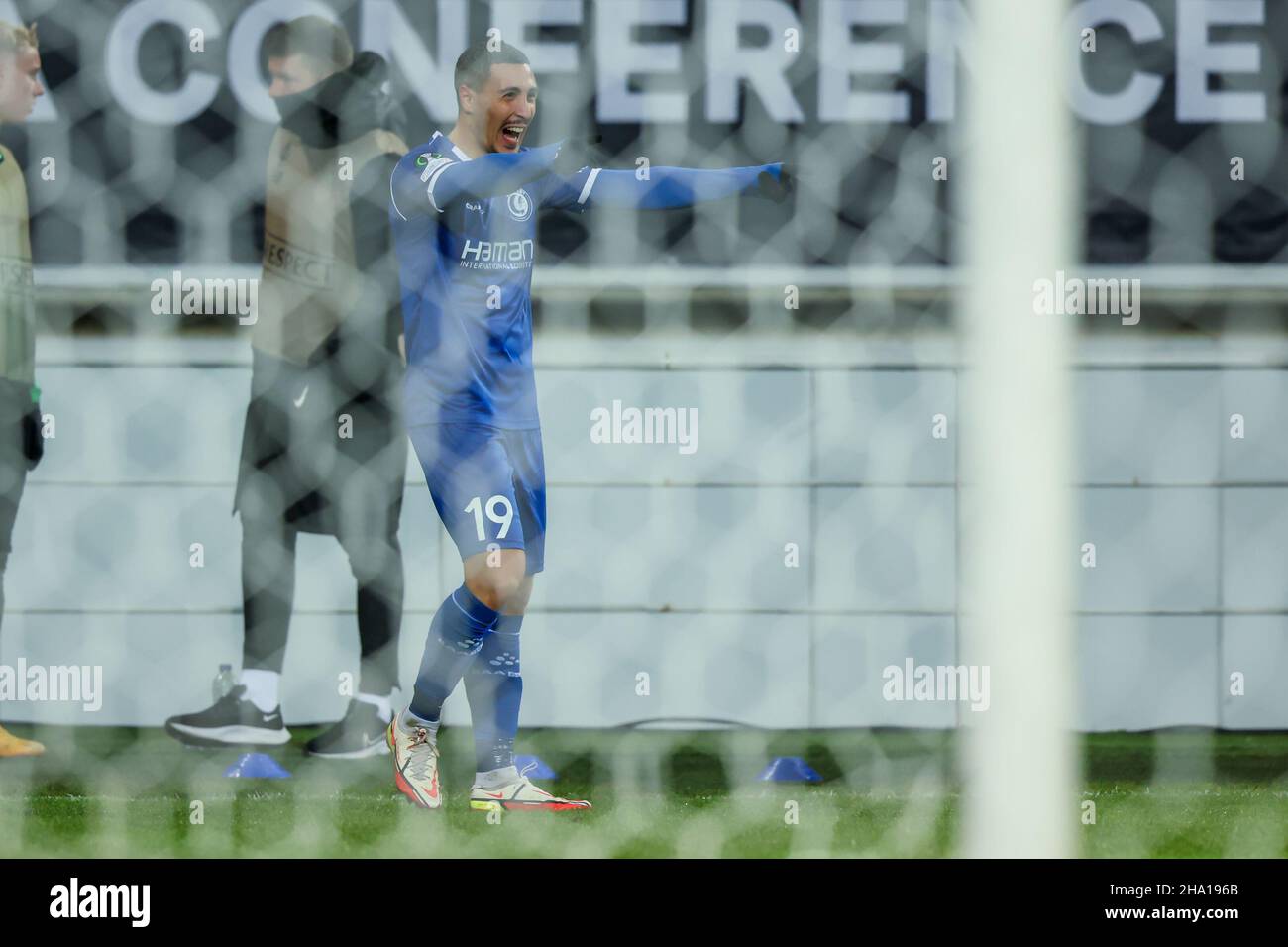 GENT, BELGIUM - JANUARY 9: Gianni Bruno is celebrating his goal during the UEFA Europa Conference League Group stage match between KAA Gent and FC Flora Tallinn at Ghelamco Arena on January 9, 2021 in Gent, Belgium (Photo by Geert van Erven/Orange Pictures) Stock Photo