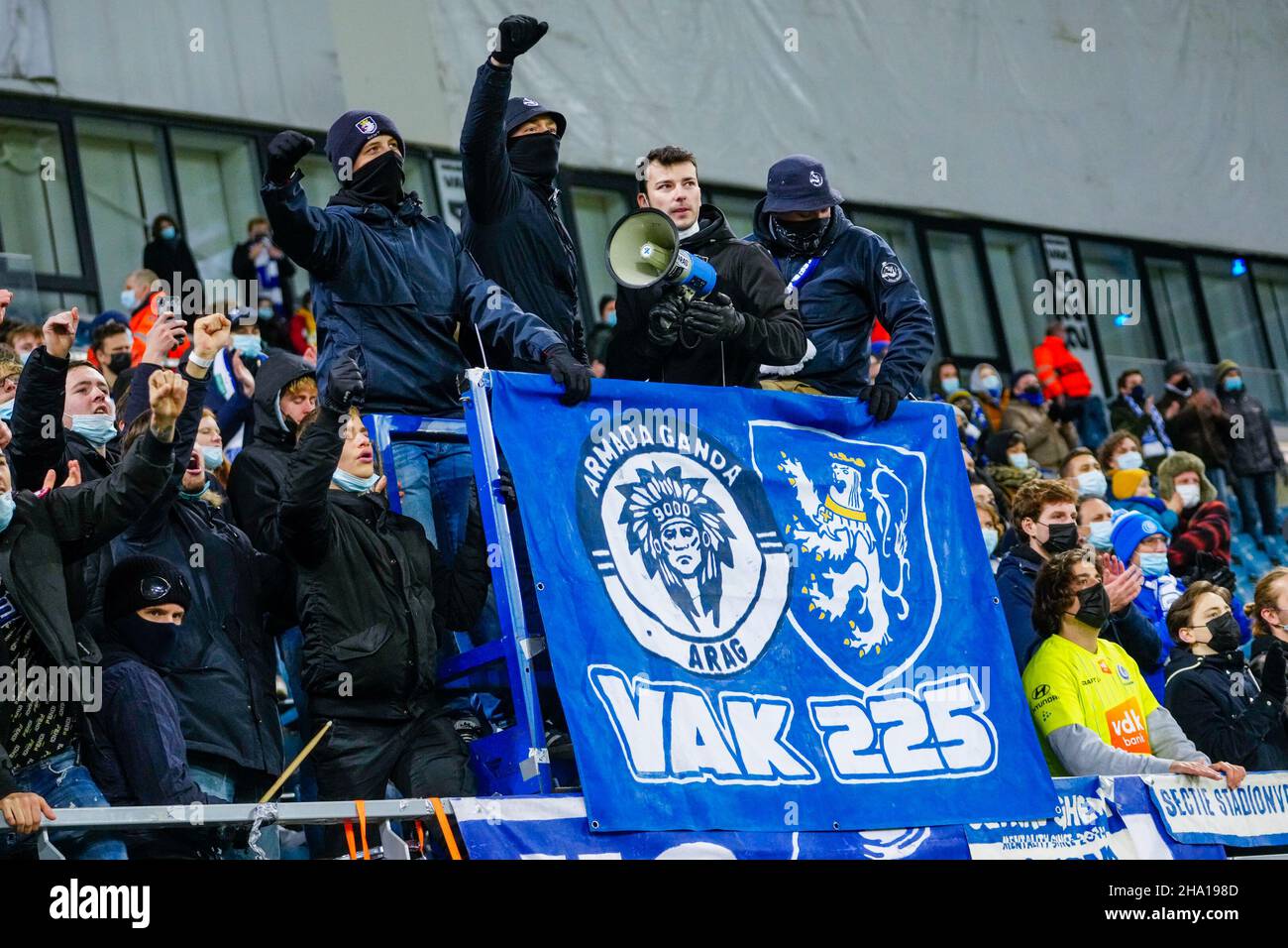 GENT, BELGIUM - DECEMBER 9: Fans of KAA Gent during the UEFA Europa Conference League Group stage match between KAA Gent and FC Flora Tallinn at Ghelamco Arena on December 9, 2021 in Gent, Belgium (Photo by Geert van Erven/Orange Pictures) Stock Photo
