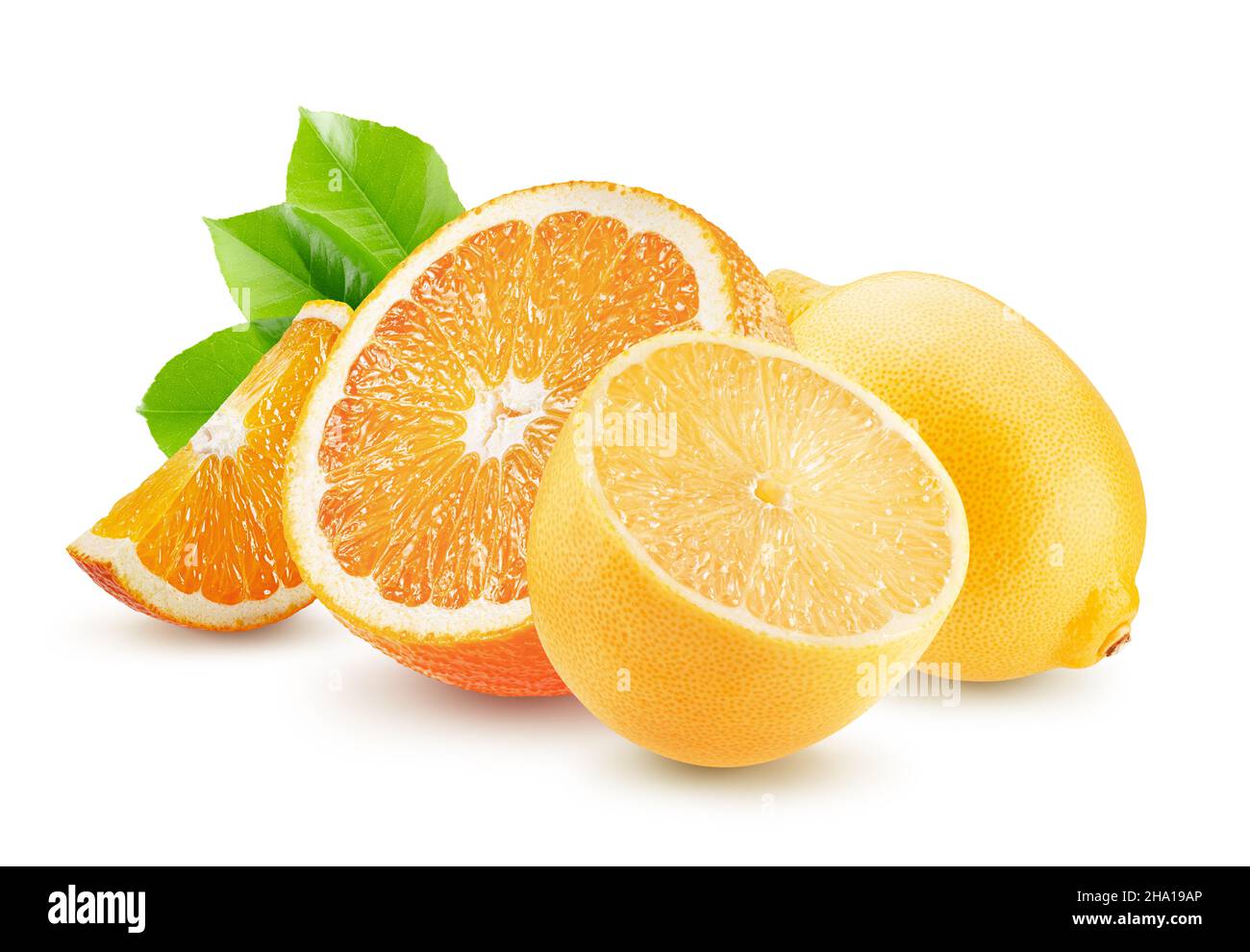 oranges and lemons with leaves  isolated on a white background. Stock Photo