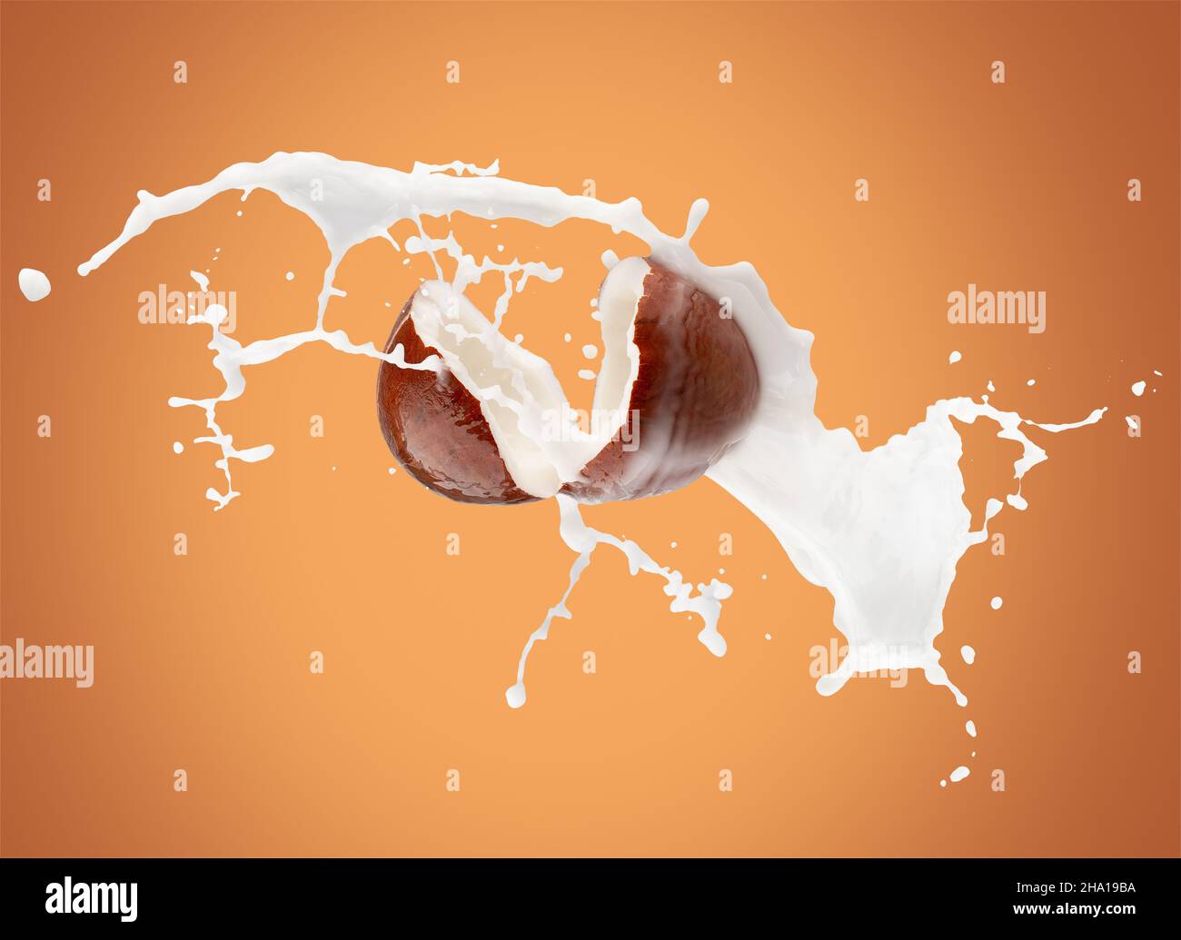 coconuts with milk splash on a yellow background. Stock Photo