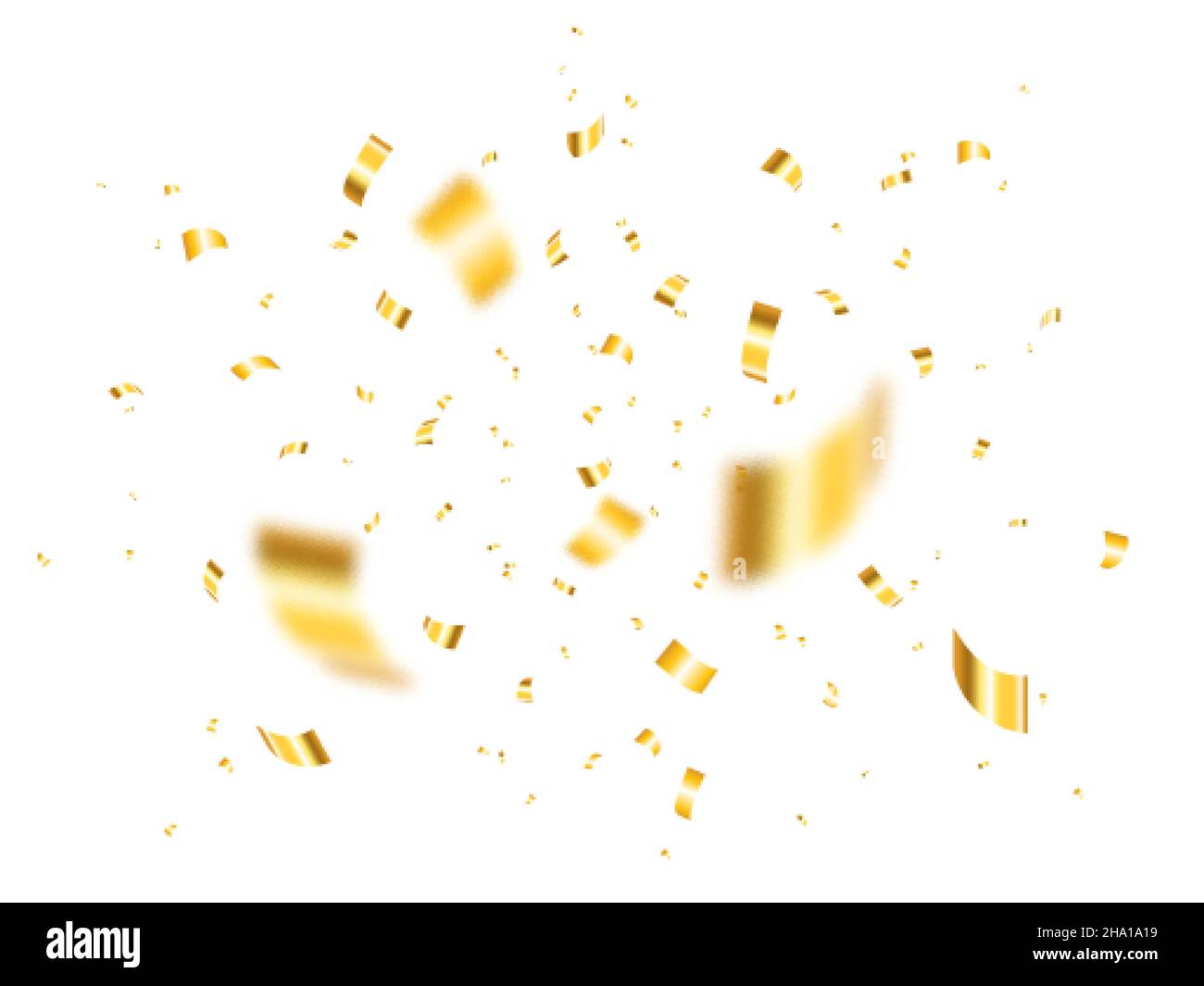 Gold confetti burst isolated on white background. Defocused confetti pieces and particles. Realistic anniversary concept. Vector Stock Vector