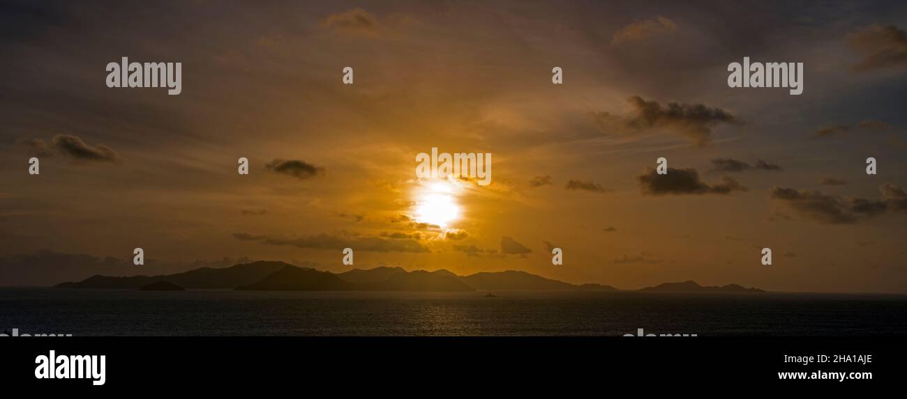 Panoramic view sunset over Praslin Seychelles Stock Photo