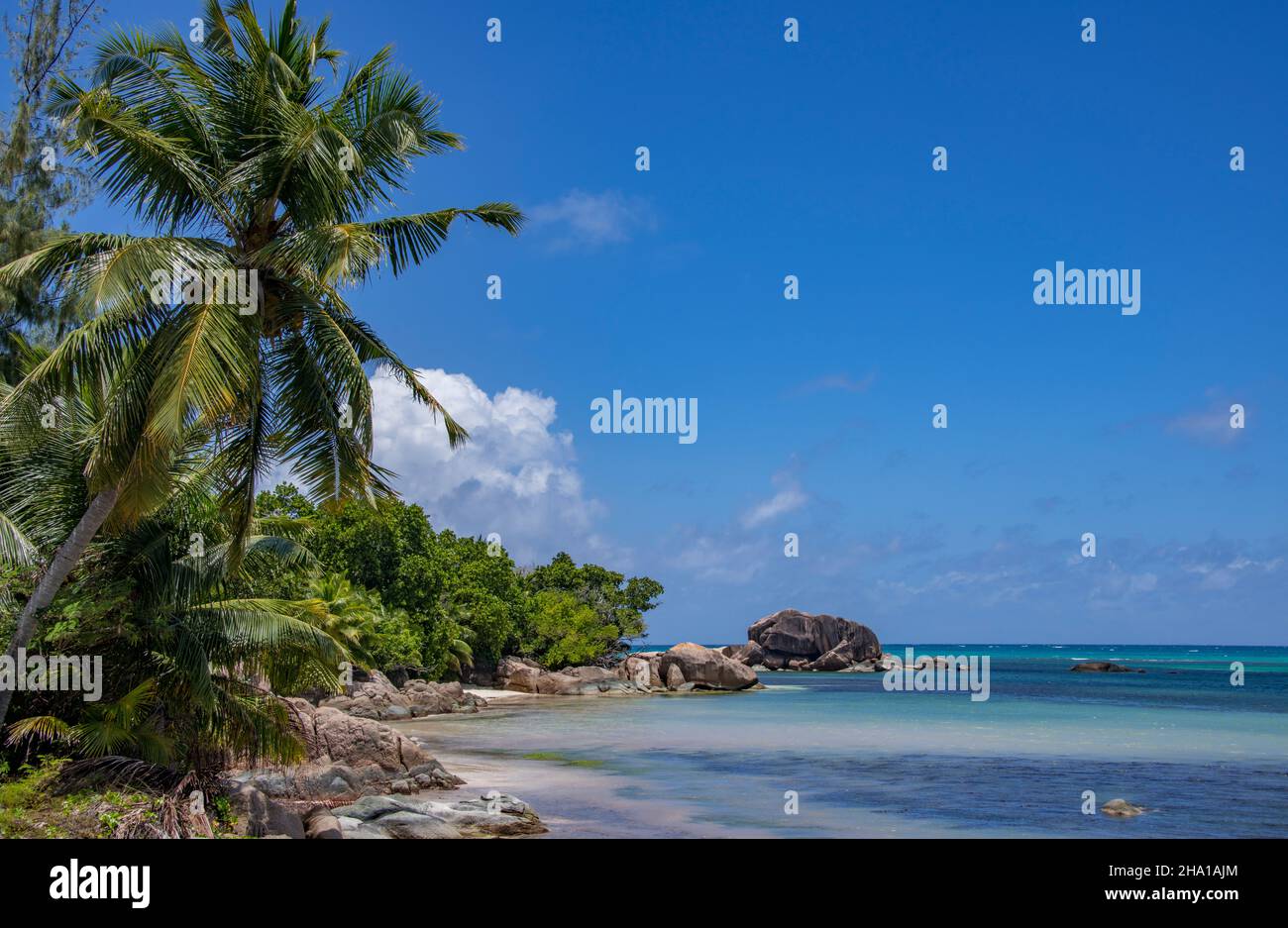 Rugged coastline Anse Bateau south coast Praslin Seychelles Stock Photo